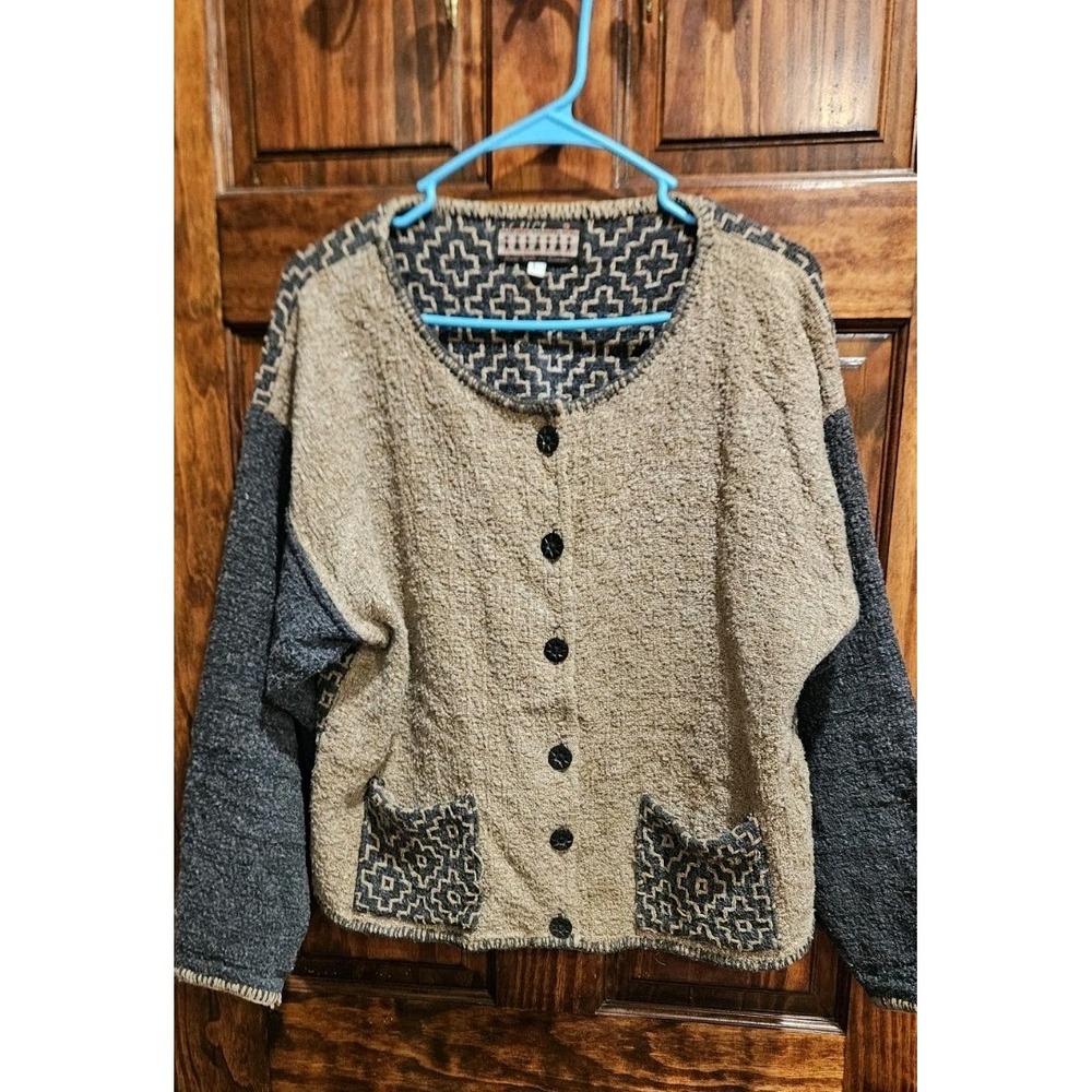 World Class Inc Lagenlook Chunky Knit Cardigan Jacket Vintage Color Block Large